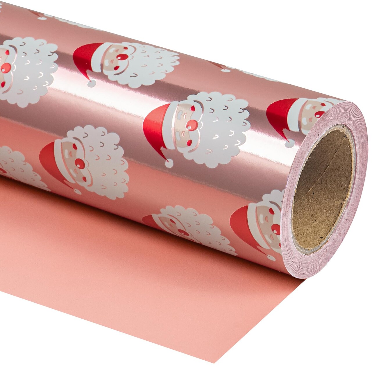 Reversible Christmas Wrapping Paper - Mini Roll - 17 Inch x 33 Feet - Santa Claus Wrapping Paper and Solid Rose Gold Design with Metallic Foil Shine for Chrsitmas, Holiday, Party